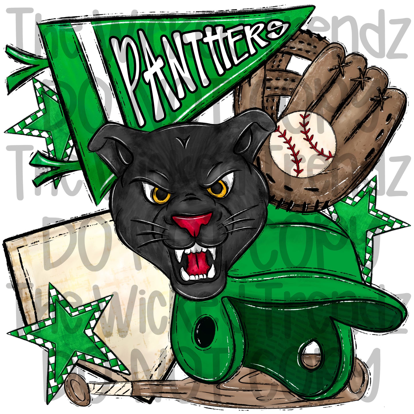 Panthers Green Baseball Team Mascot Digital Design