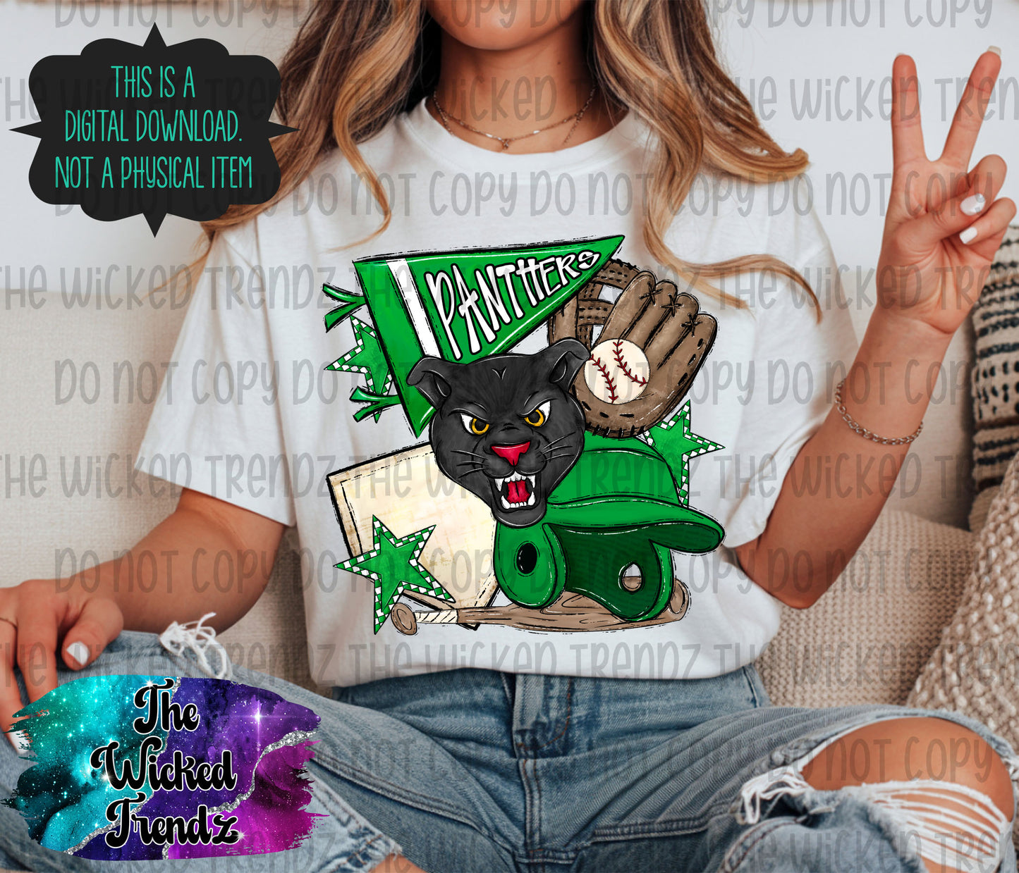 Panthers Green Baseball Team Mascot Digital Design