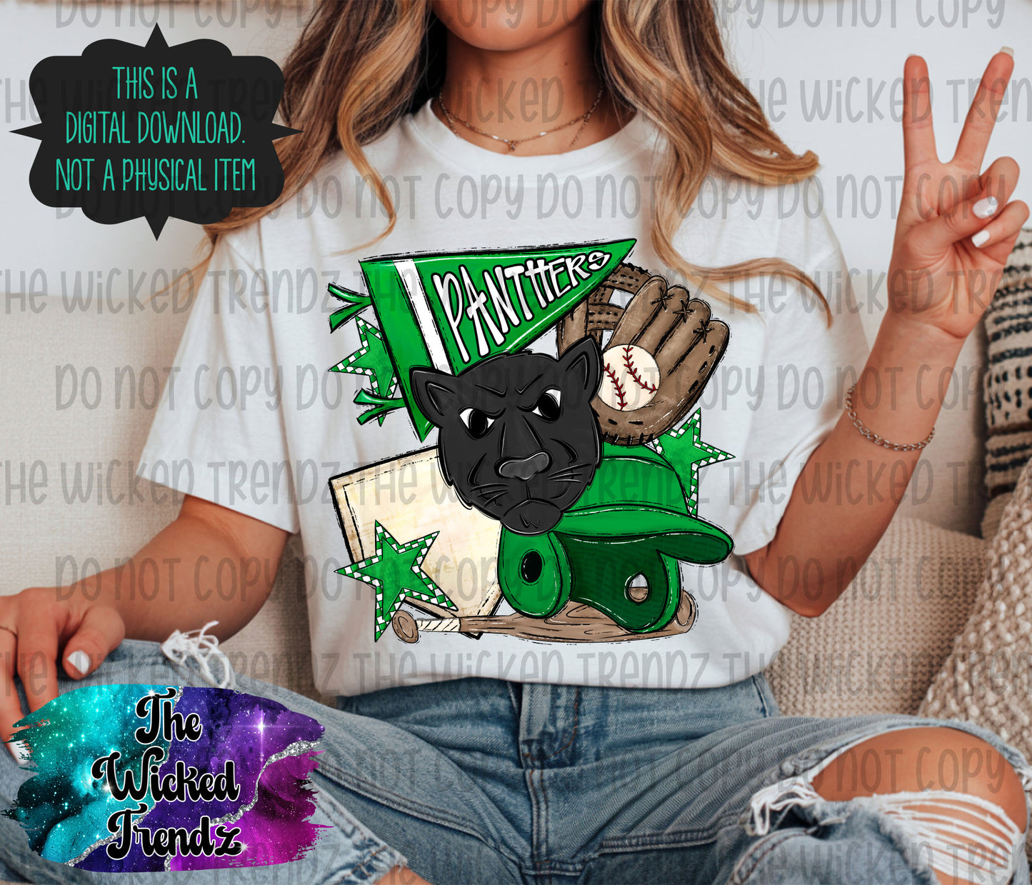 Panthers Green Baseball Team Mascot Digital Design