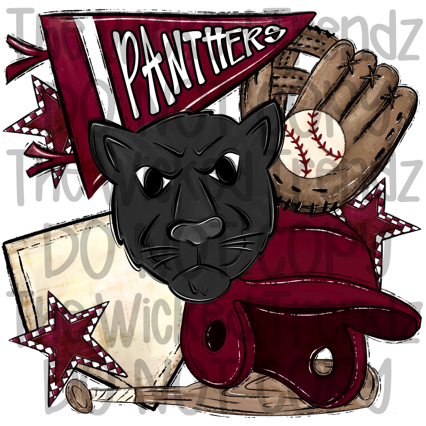Panthers Maroon Baseball Team Mascot Digital Design
