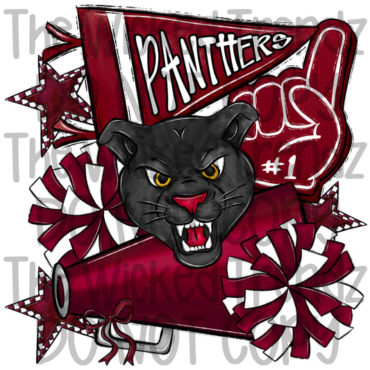 Panthers Maroon Cheer Cheerleading Cheerleader Mascot Digital Design Spirit Shirt Design