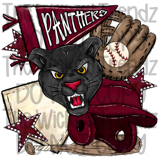 Panthers Maroon Baseball Team Mascot Digital Design