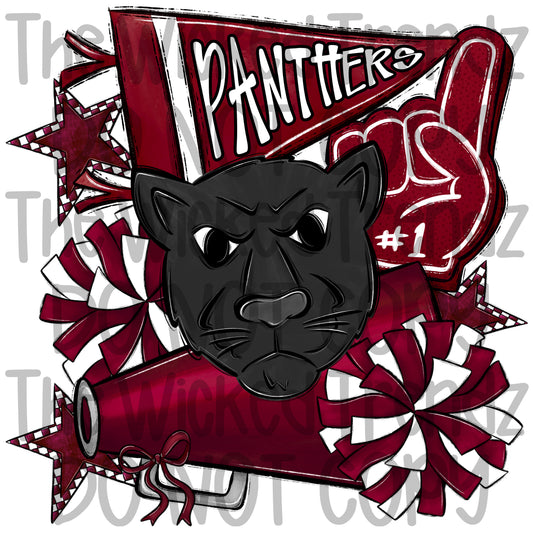 Panthers Maroon Cheer Cheerleading Cheerleader Mascot Digital Design Spirit Shirt Design