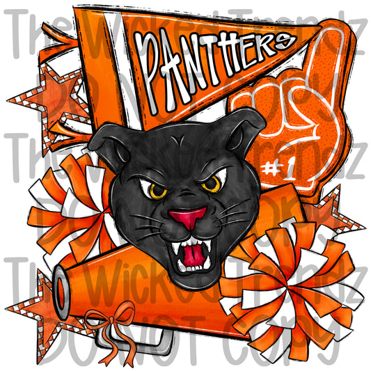 Panthers Orange Cheer Cheerleading Cheerleader Mascot Digital Design Spirit Shirt Design