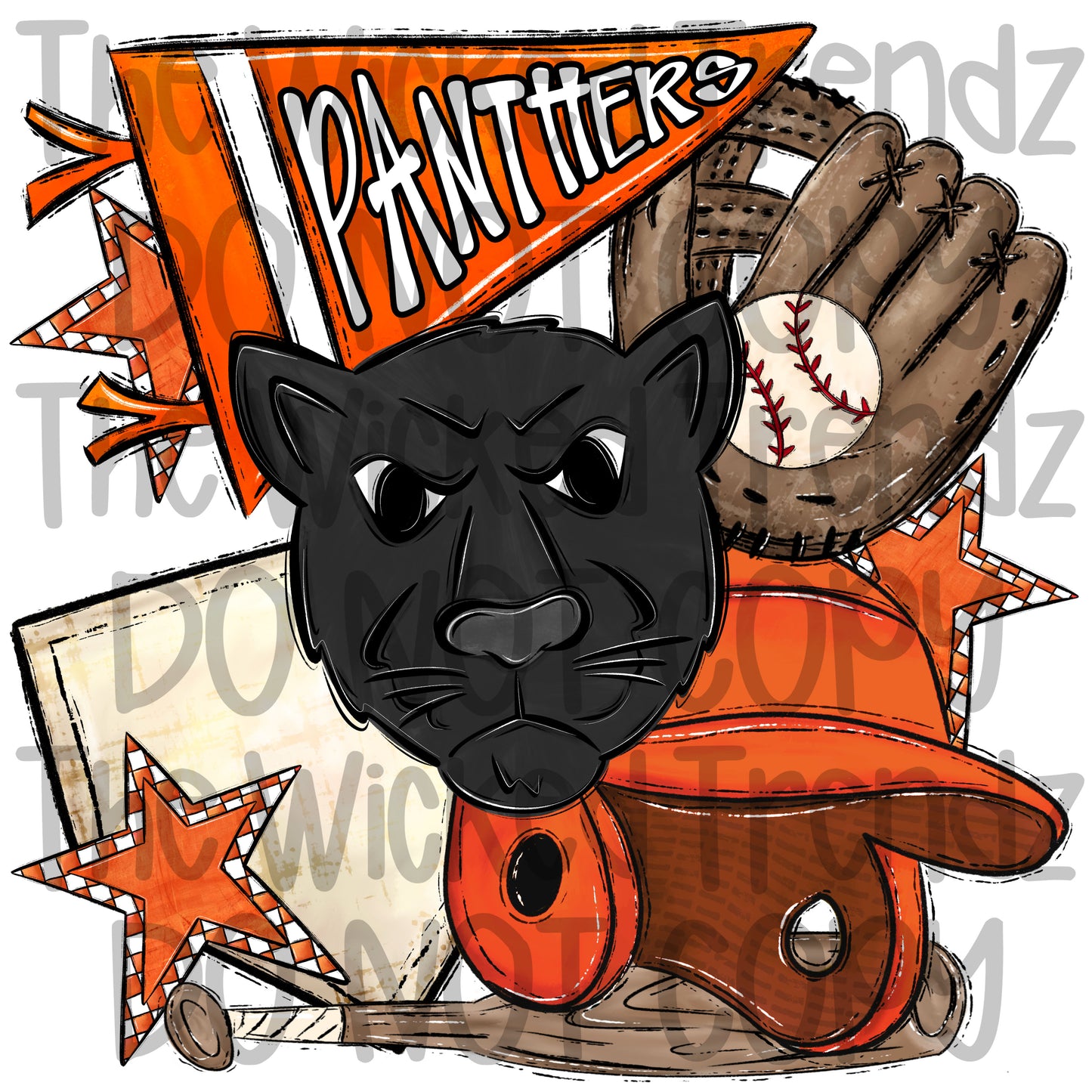 Panthers Orange Baseball Team Mascot Digital Design