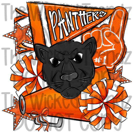 Panthers Orange Cheer Cheerleading Cheerleader Mascot Digital Design Spirit Shirt Design