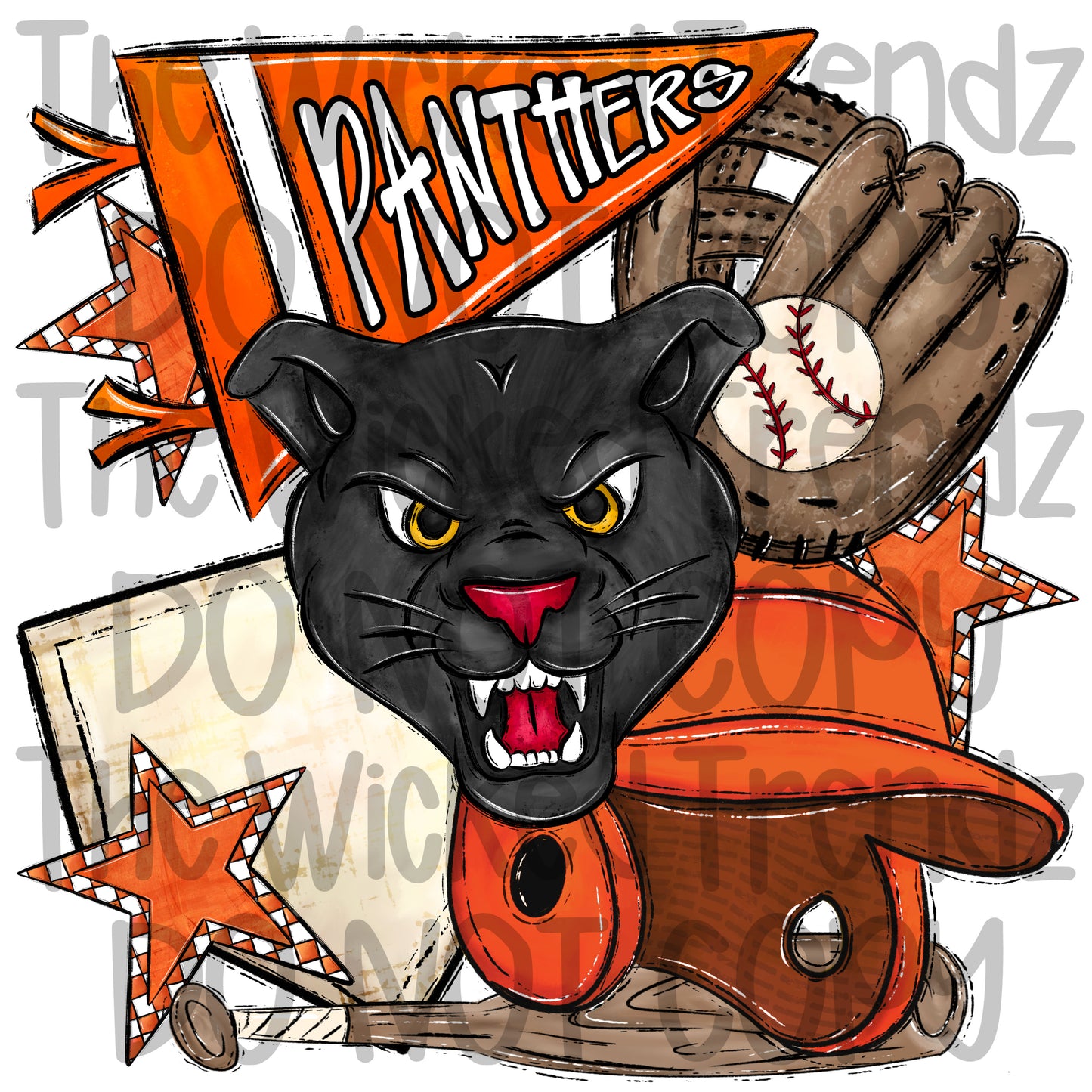 Panthers Orange Baseball Team Mascot Digital Design