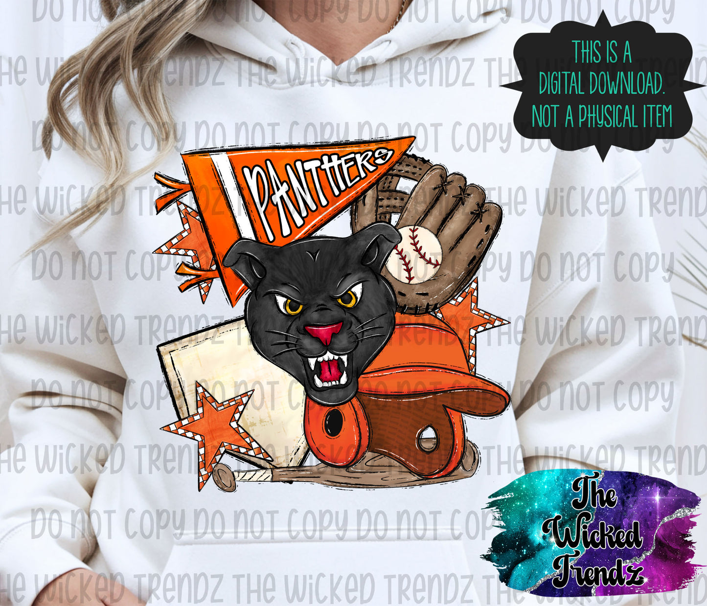 Panthers Orange Baseball Team Mascot Digital Design