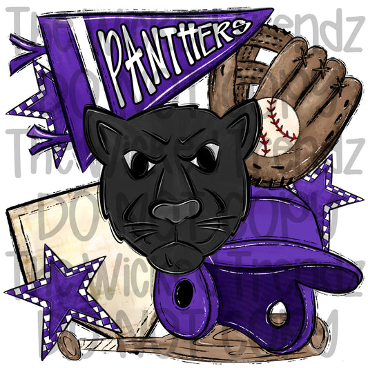 Panthers Purple Baseball Team Mascot Digital Design