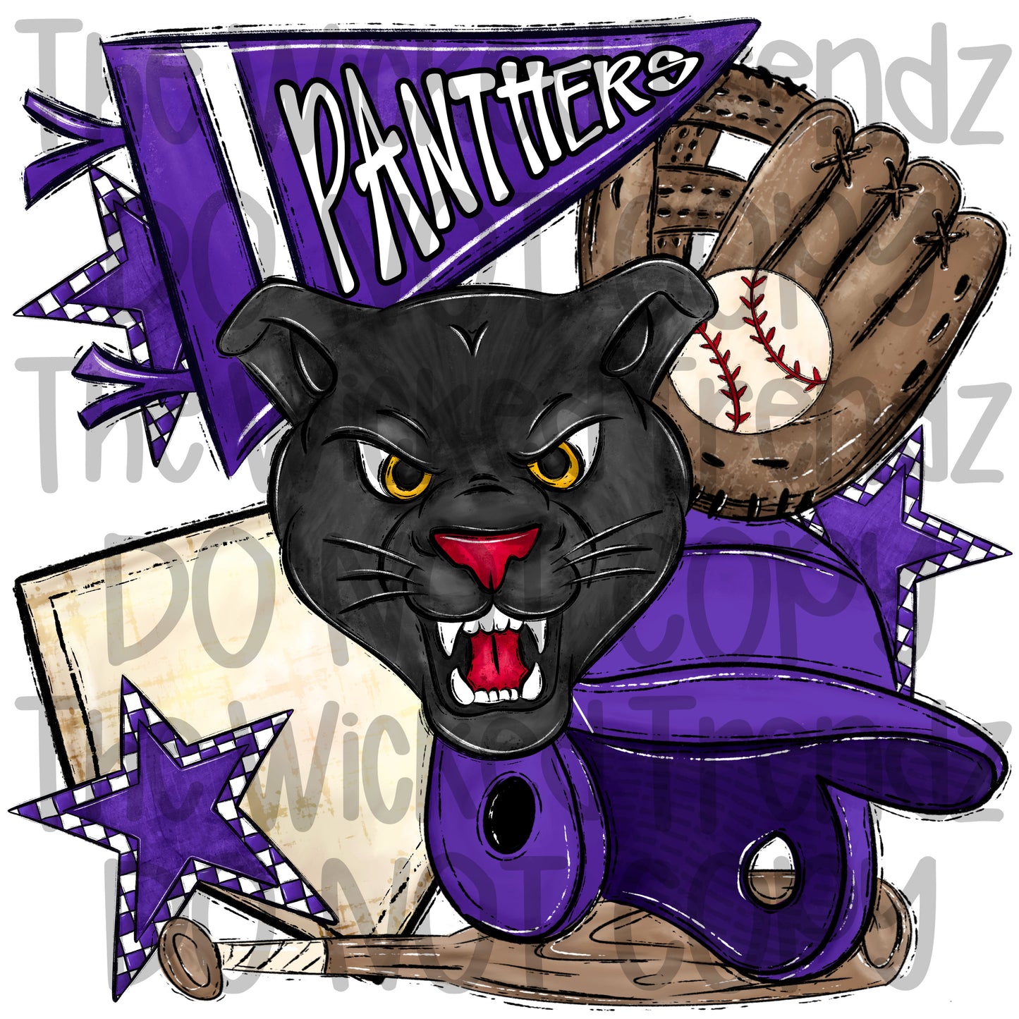 Panthers Purple Baseball Team Mascot Digital Design