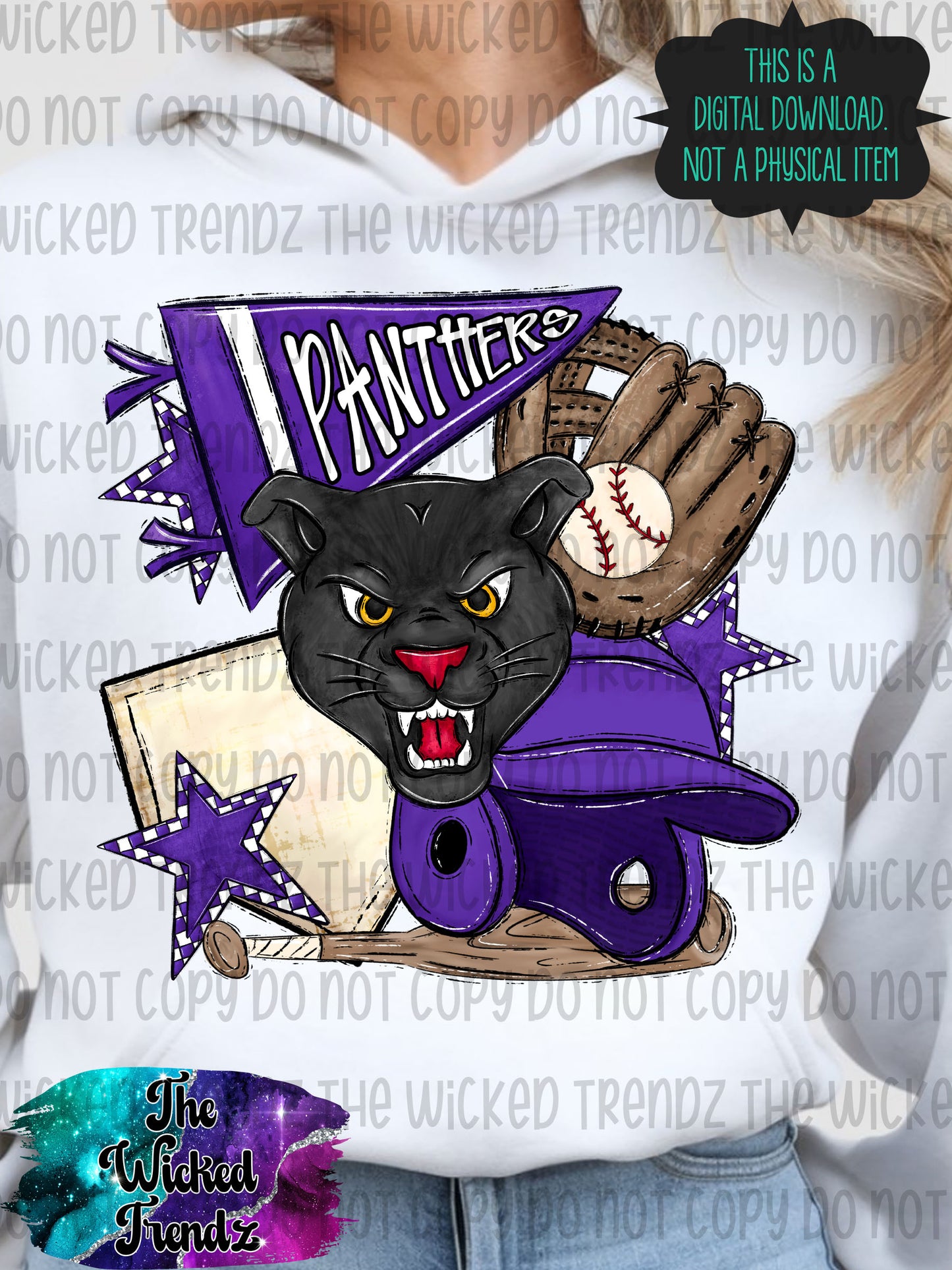 Panthers Purple Baseball Team Mascot Digital Design