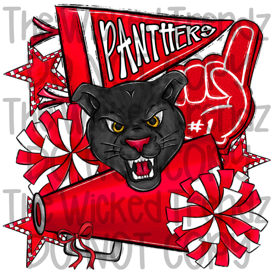 Panthers Red Cheer Cheerleading Cheerleader Mascot Digital Design Spirit Shirt Design