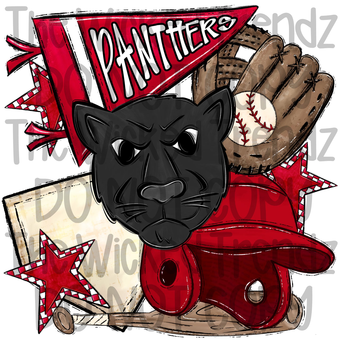 Panthers Red Baseball Team Mascot Digital Design