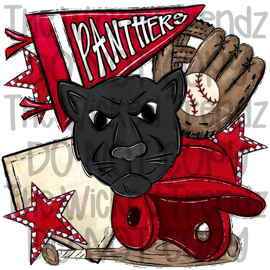 Panthers Red Baseball Team Mascot Digital Design