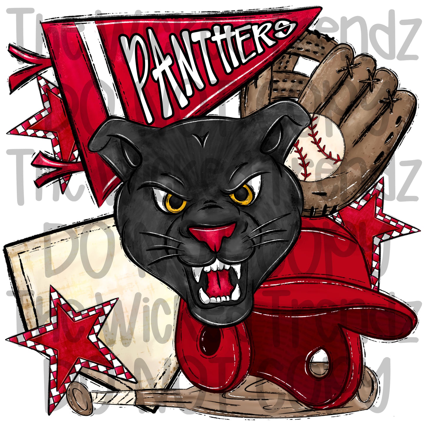 Panthers Red Baseball Team Mascot Digital Design