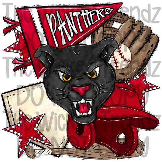 Panthers Red Baseball Team Mascot Digital Design