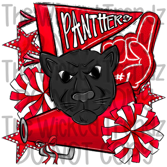 Panthers Red Cheer Cheerleading Cheerleader Mascot Digital Design Spirit Shirt Design