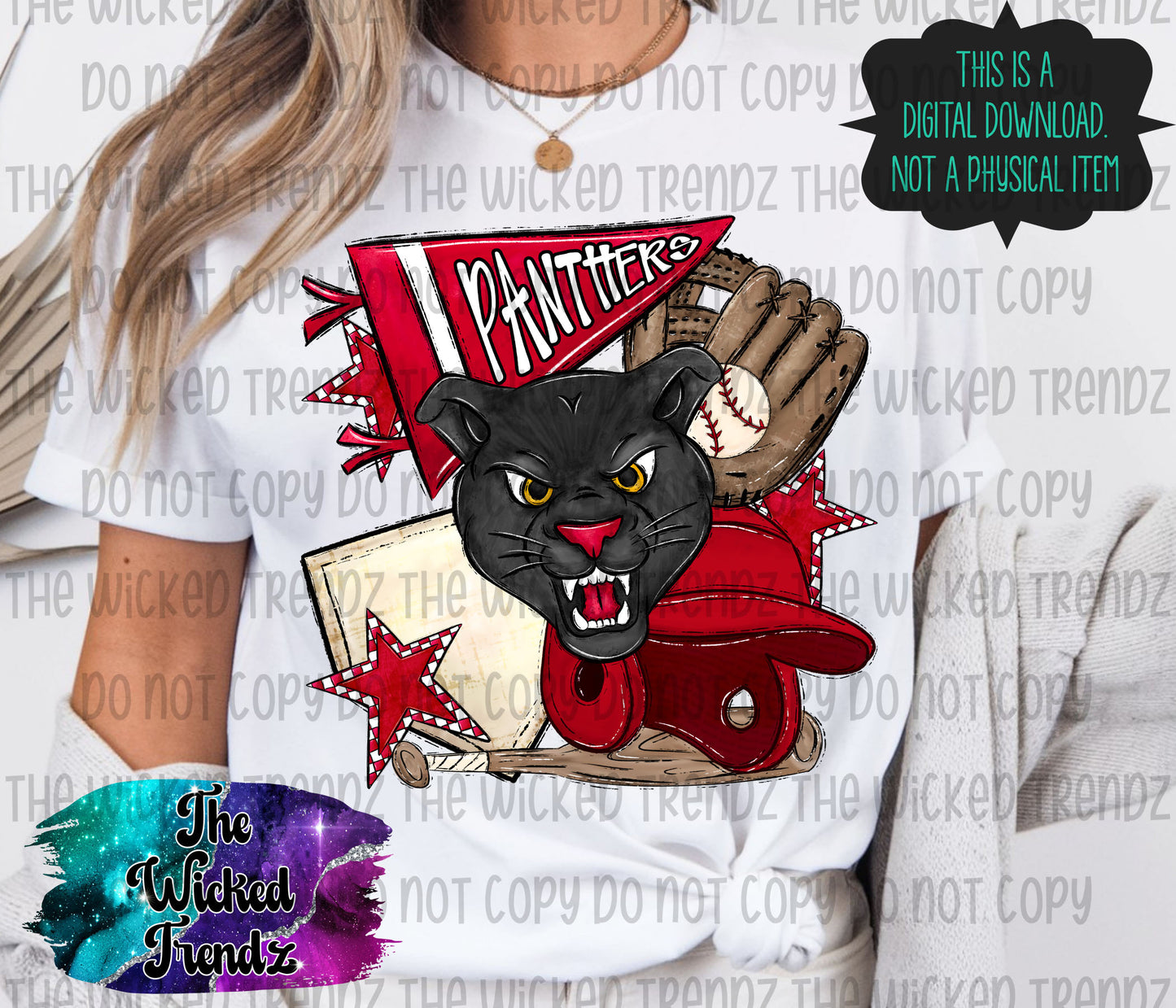 Panthers Red Baseball Team Mascot Digital Design