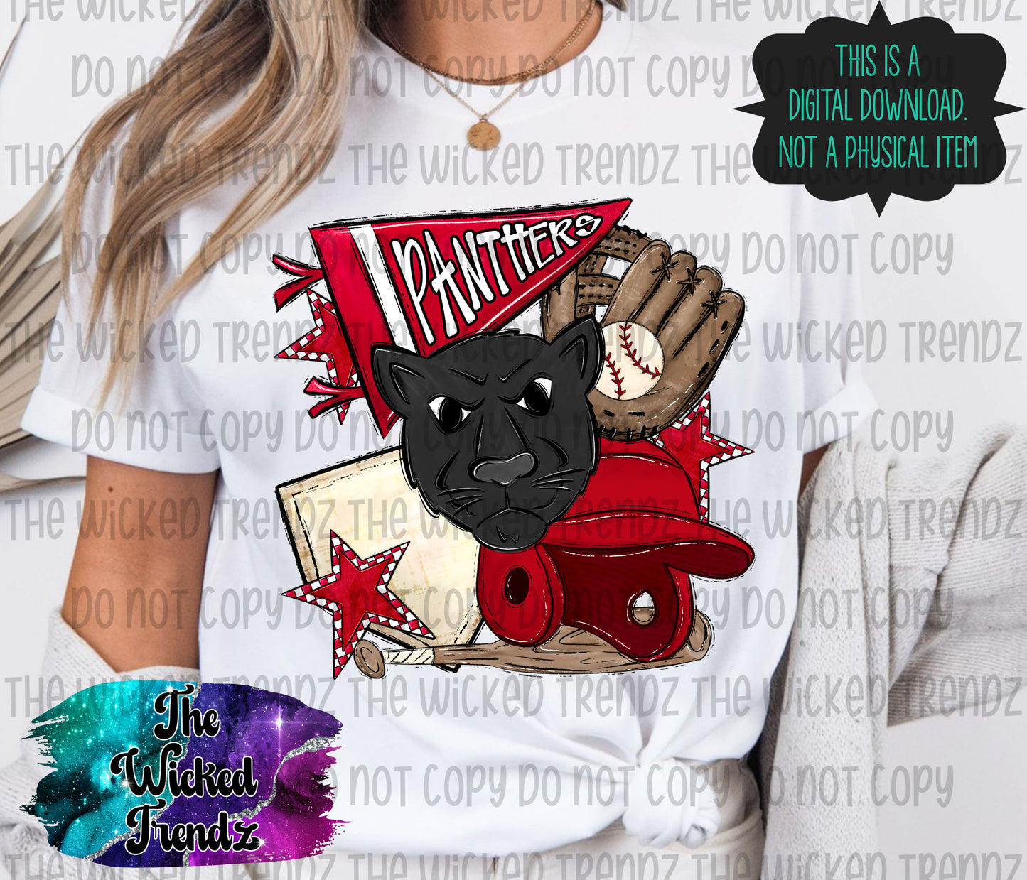 Panthers Red Baseball Team Mascot Digital Design