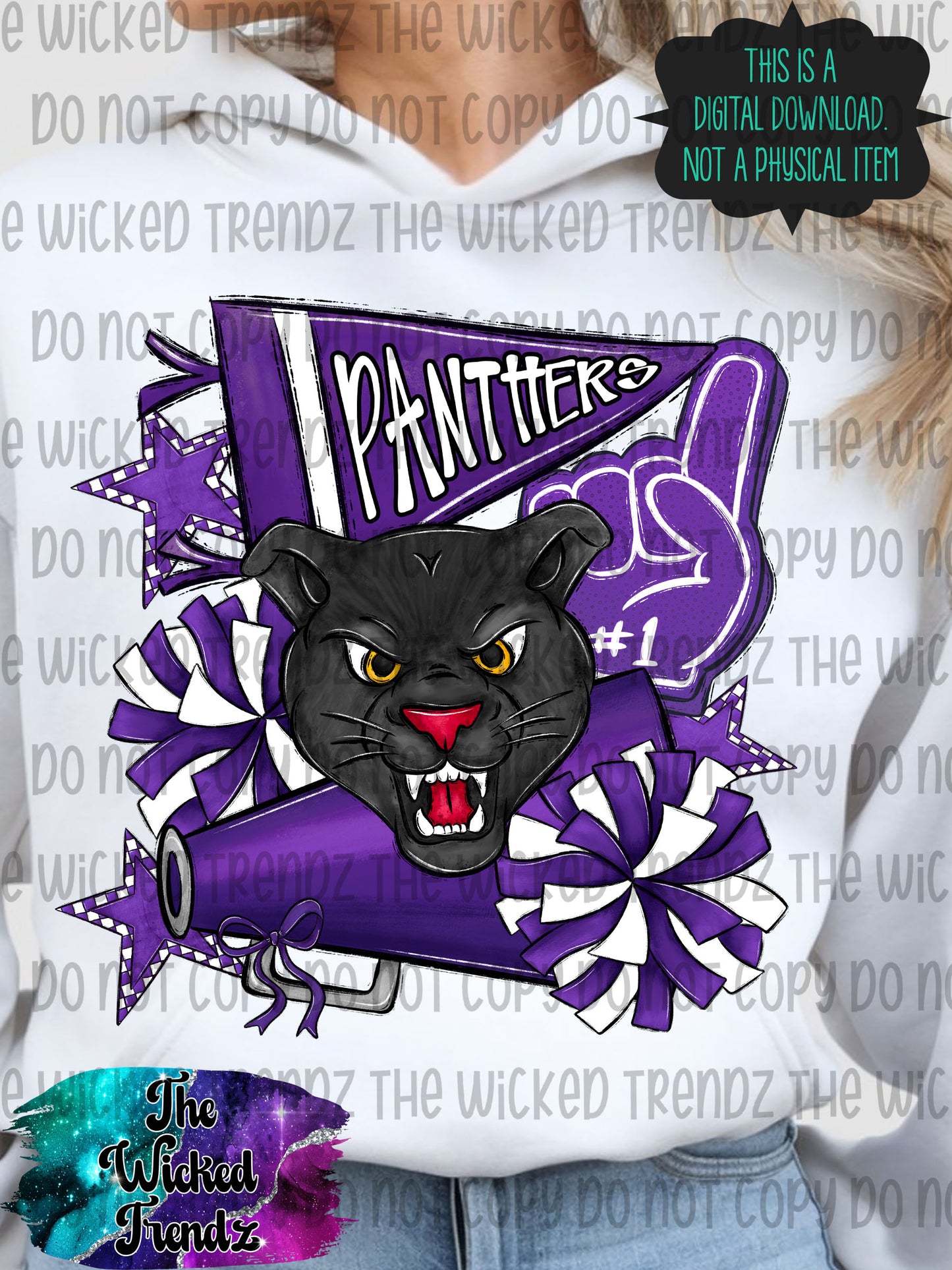 Panthers Purple Cheer Cheerleading Cheerleader Mascot Digital Design Spirit Shirt Design