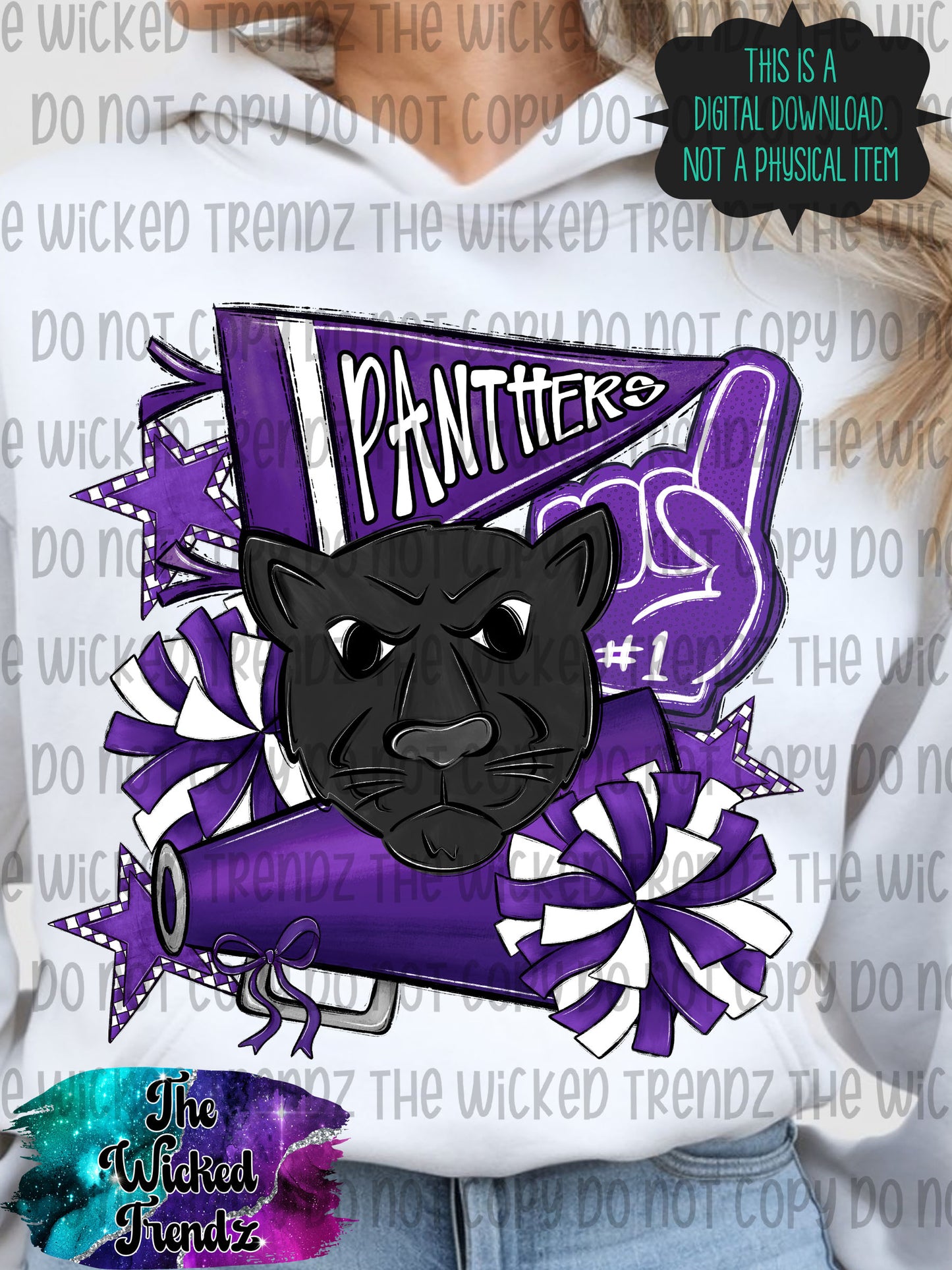 Panthers Purple Cheer Cheerleading Cheerleader Mascot Digital Design Spirit Shirt Design