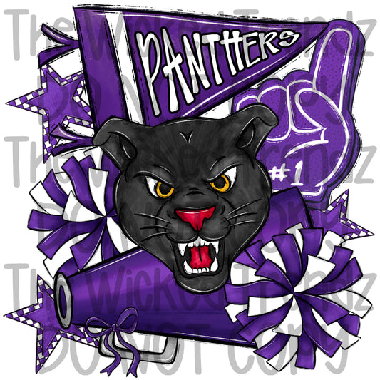 Panthers Purple Cheer Cheerleading Cheerleader Mascot Digital Design Spirit Shirt Design