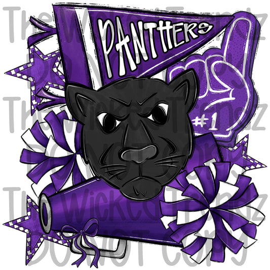 Panthers Purple Cheer Cheerleading Cheerleader Mascot Digital Design Spirit Shirt Design