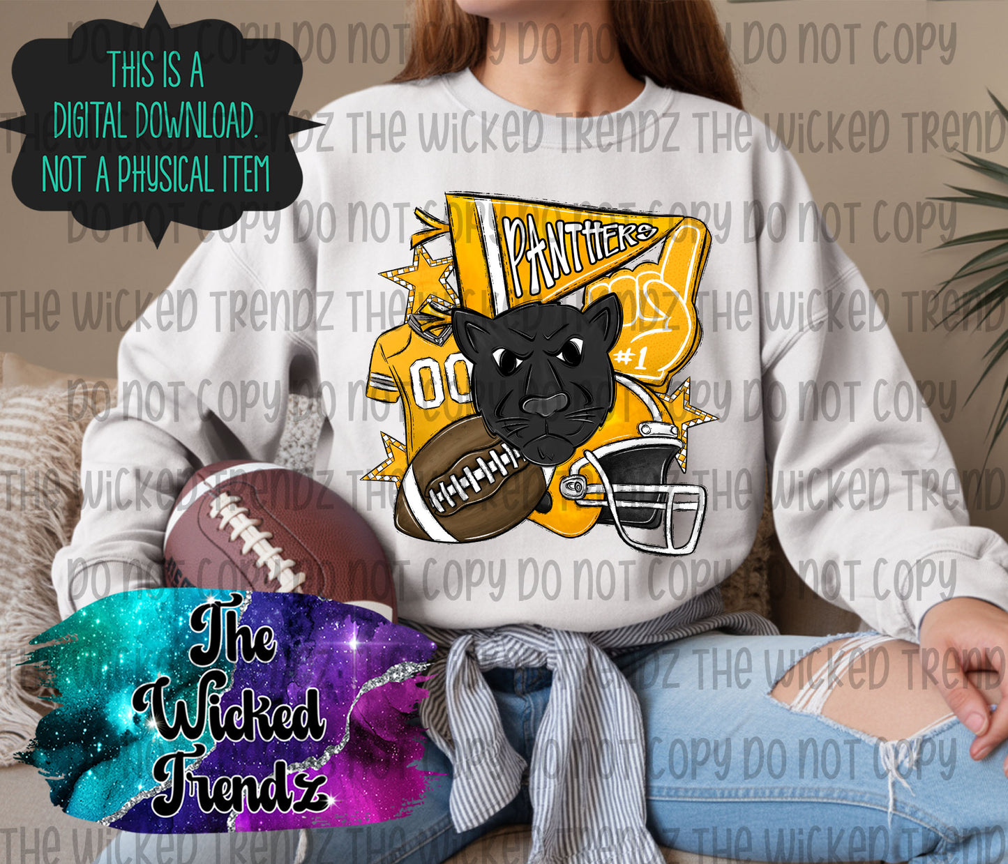 Panthers Yellow Football Mascot Digital Design
