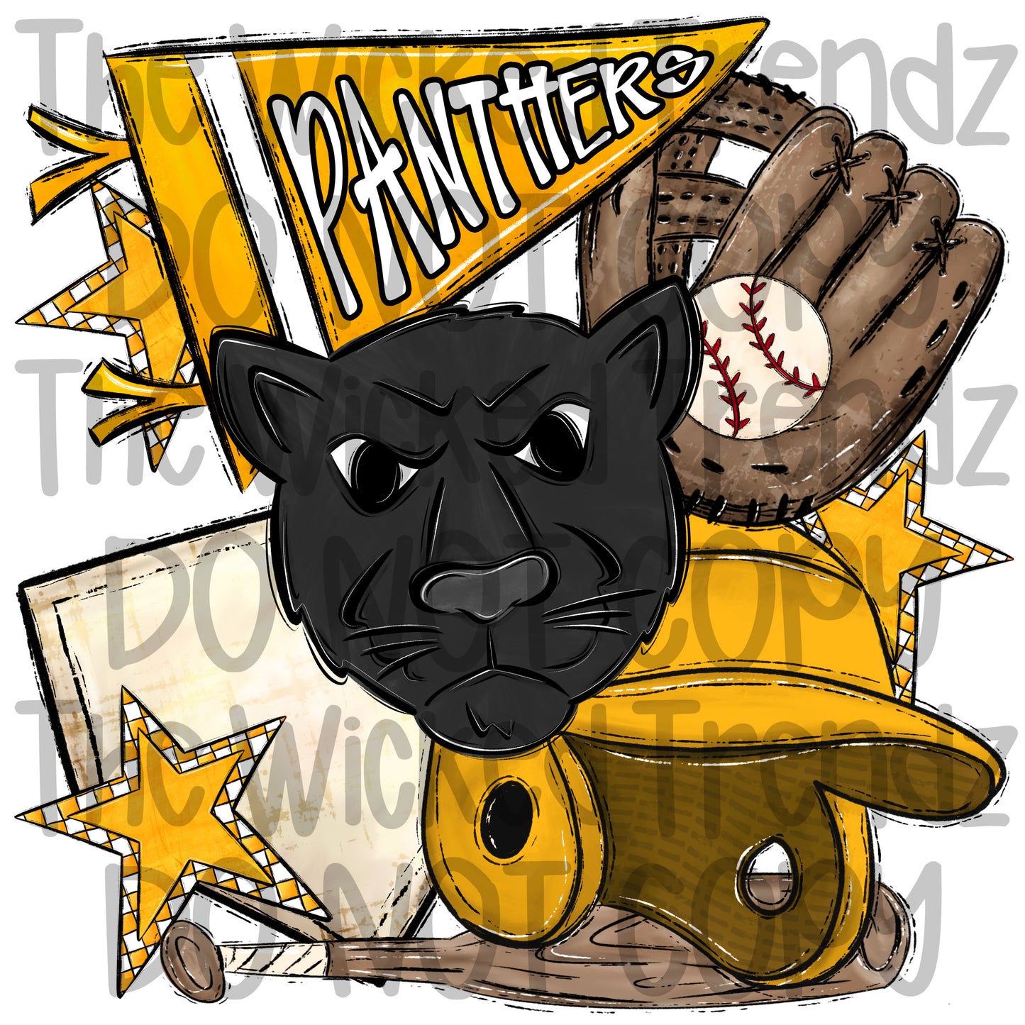 Panthers Yellow Baseball Team Mascot Digital Design