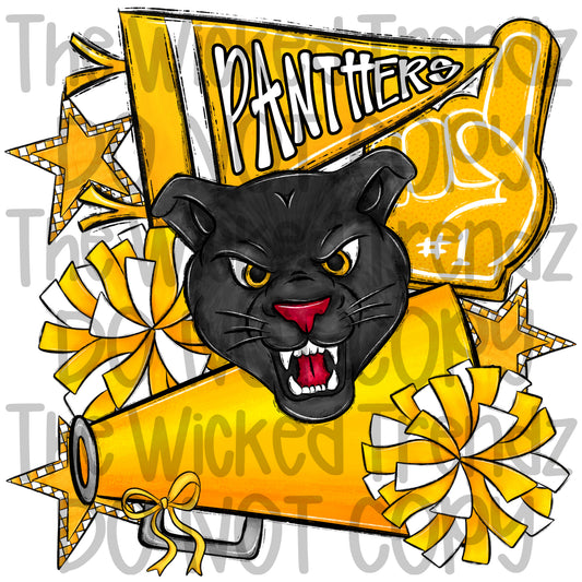 Panthers Yellow Cheer Cheerleading Cheerleader Mascot Digital Design Spirit Shirt Design