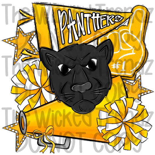 Panthers Yellow Cheer Cheerleading Cheerleader Mascot Digital Design Spirit Shirt Design