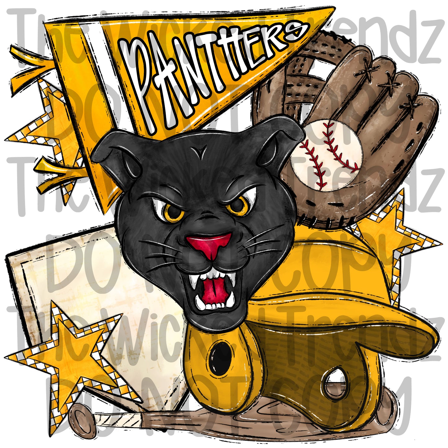 Panthers Yellow Baseball Team Mascot Digital Design