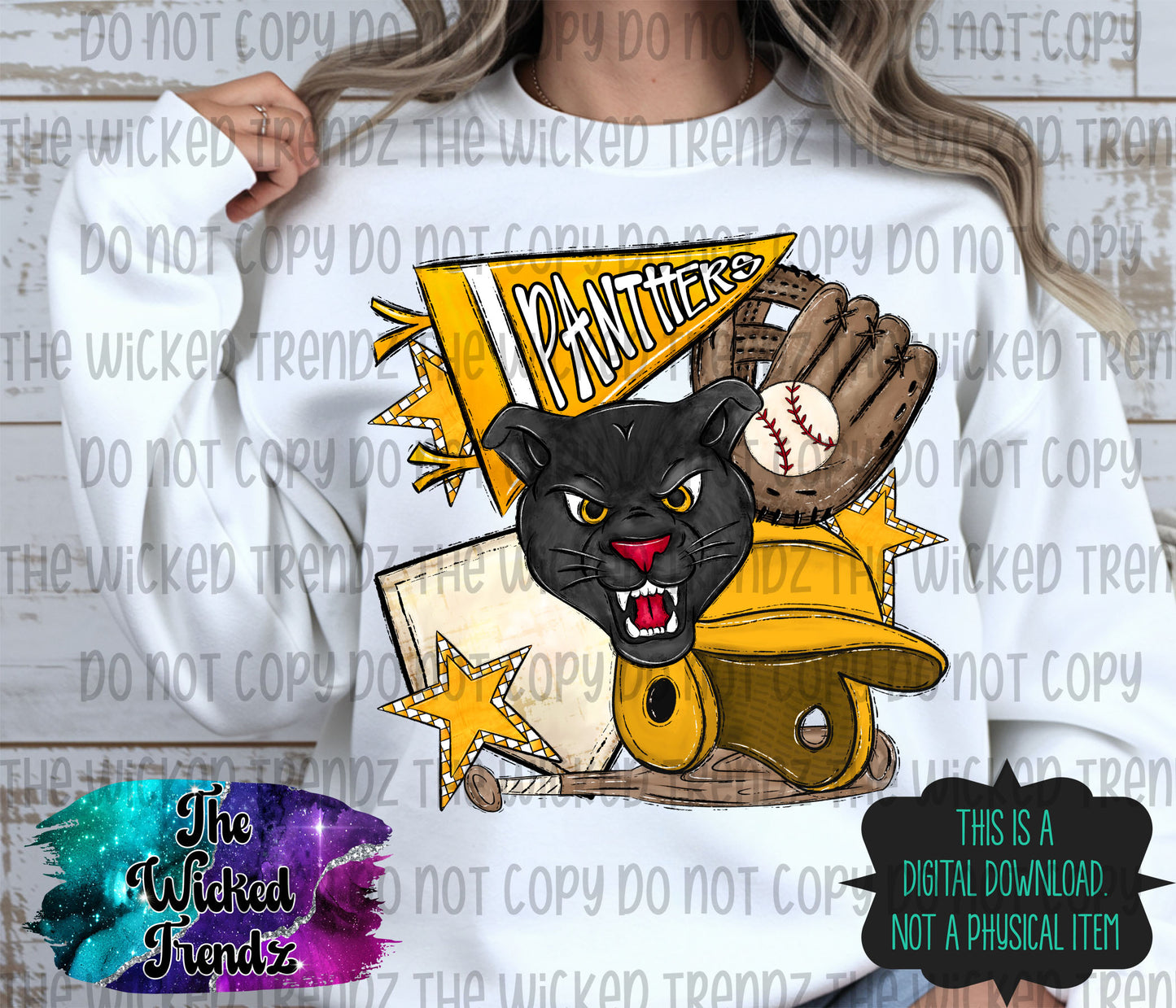 Panthers Yellow Baseball Team Mascot Digital Design
