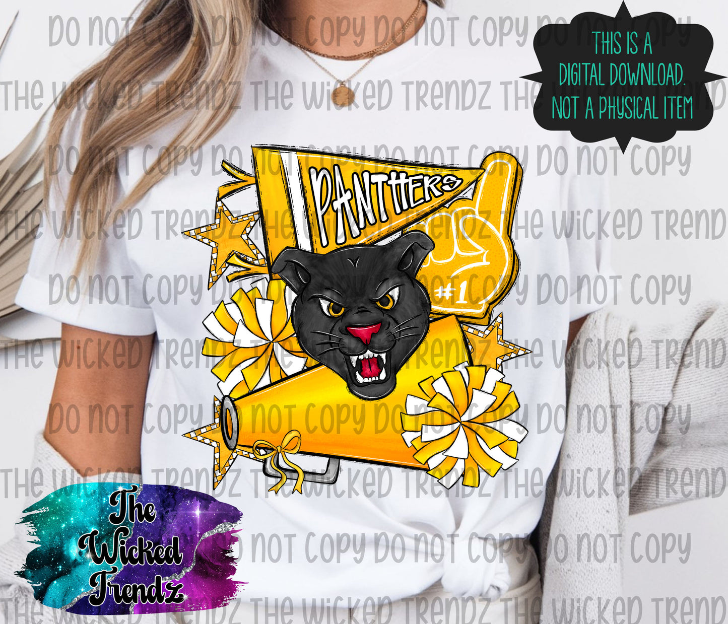 Panthers Yellow Cheer Cheerleading Cheerleader Mascot Digital Design Spirit Shirt Design