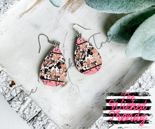 Pink Glitter Cow Print Western Country Music Dangle Earrings Tear Drop Earring Lightweight Earrings