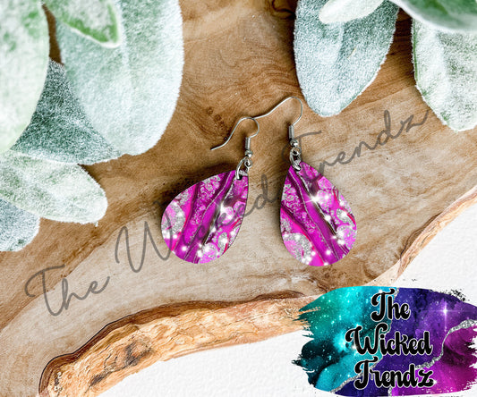 Pink Silver Glitter Marble Geode Agate Flake Dangle Earrings Tear Drop Earring Lightweight Earrings