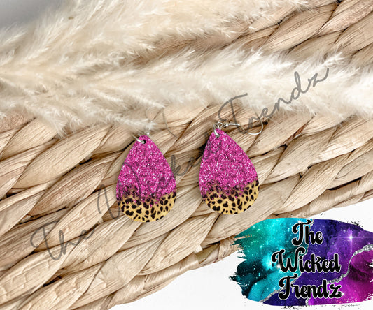 Pink Glitter Leopard Print Dangle Earrings Tear Drop Earring Lightweight Earrings