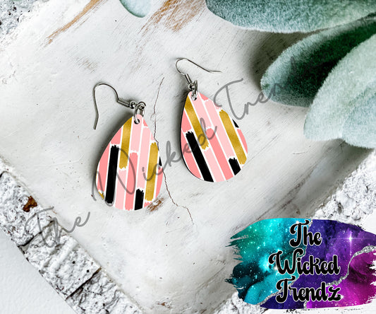 Pink Black Gold Striped Dangle Earrings Tear Drop Earring Lightweight Earrings