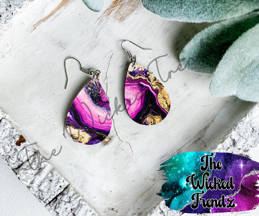 Purple Pink Gold Geode Marble Agate Dangle Earrings Tear Drop Earring Lightweight Earring