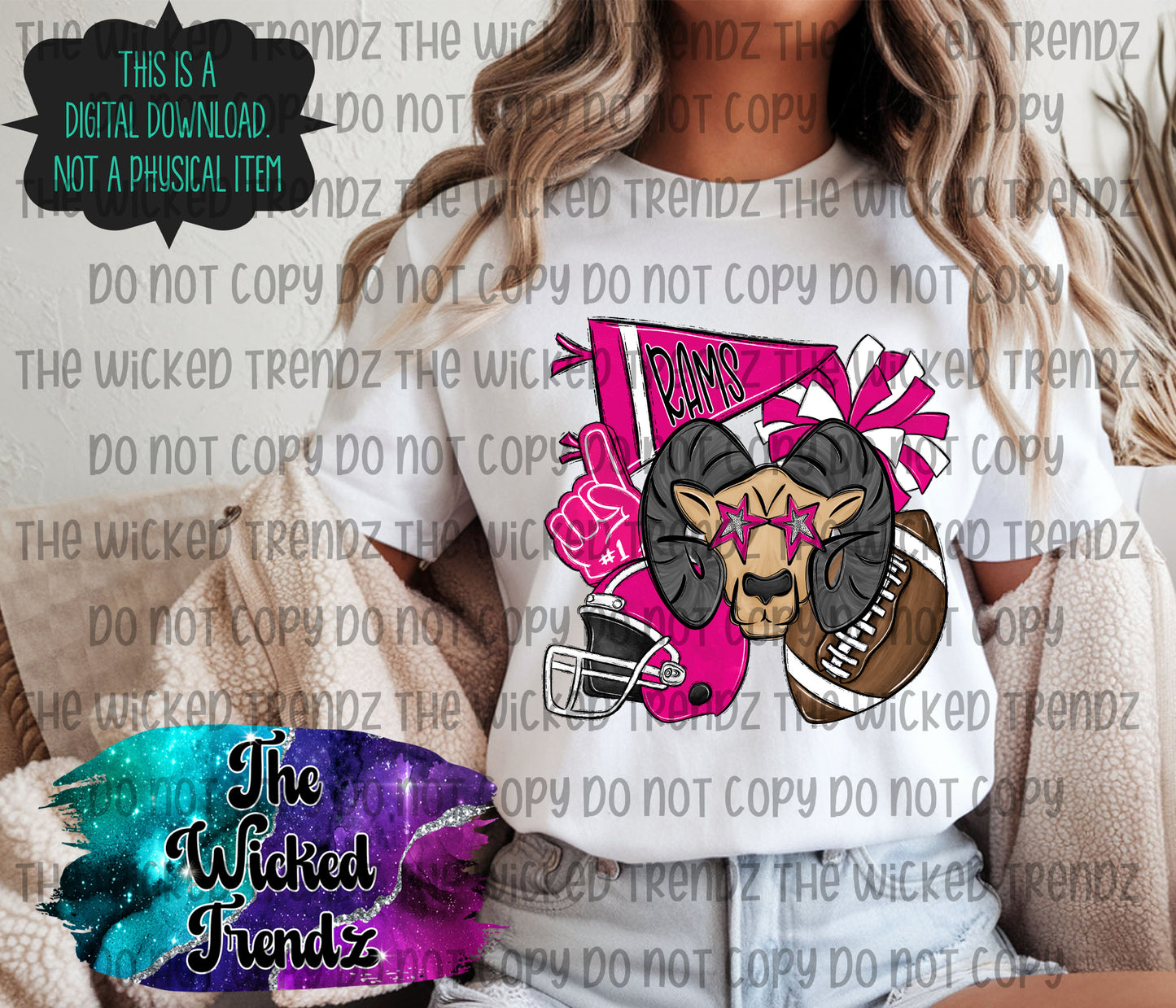 Rams Pink Out Football Cheer Mascot Digital Design October Awareness