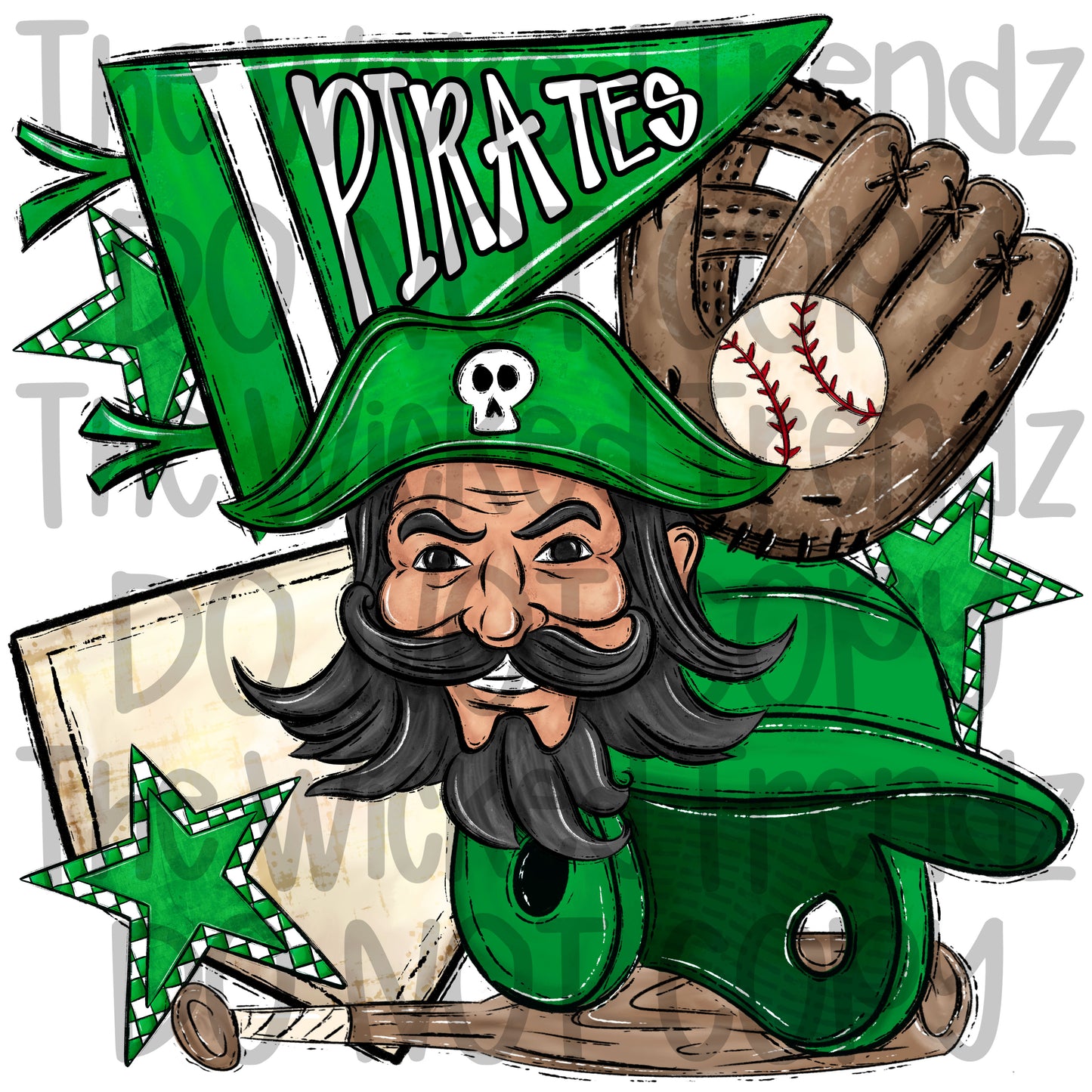 Pirates Green Baseball Team Mascot Digital Design