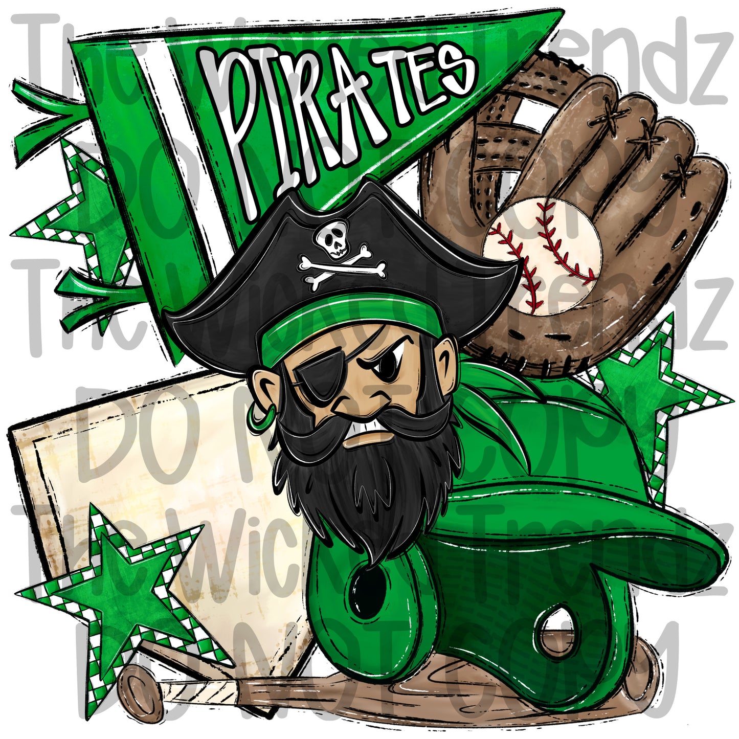 Pirates Green Baseball Team Mascot Digital Design