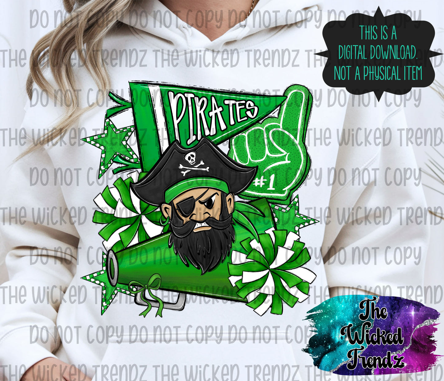 Pirates Green Cheer Cheerleading Cheerleader Mascot Digital Design Spirit Shirt Design