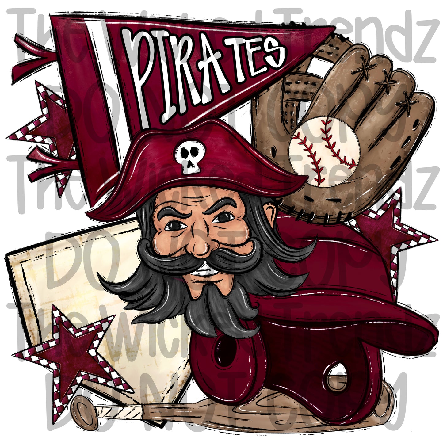 Pirates Maroon Baseball Team Mascot Digital Design