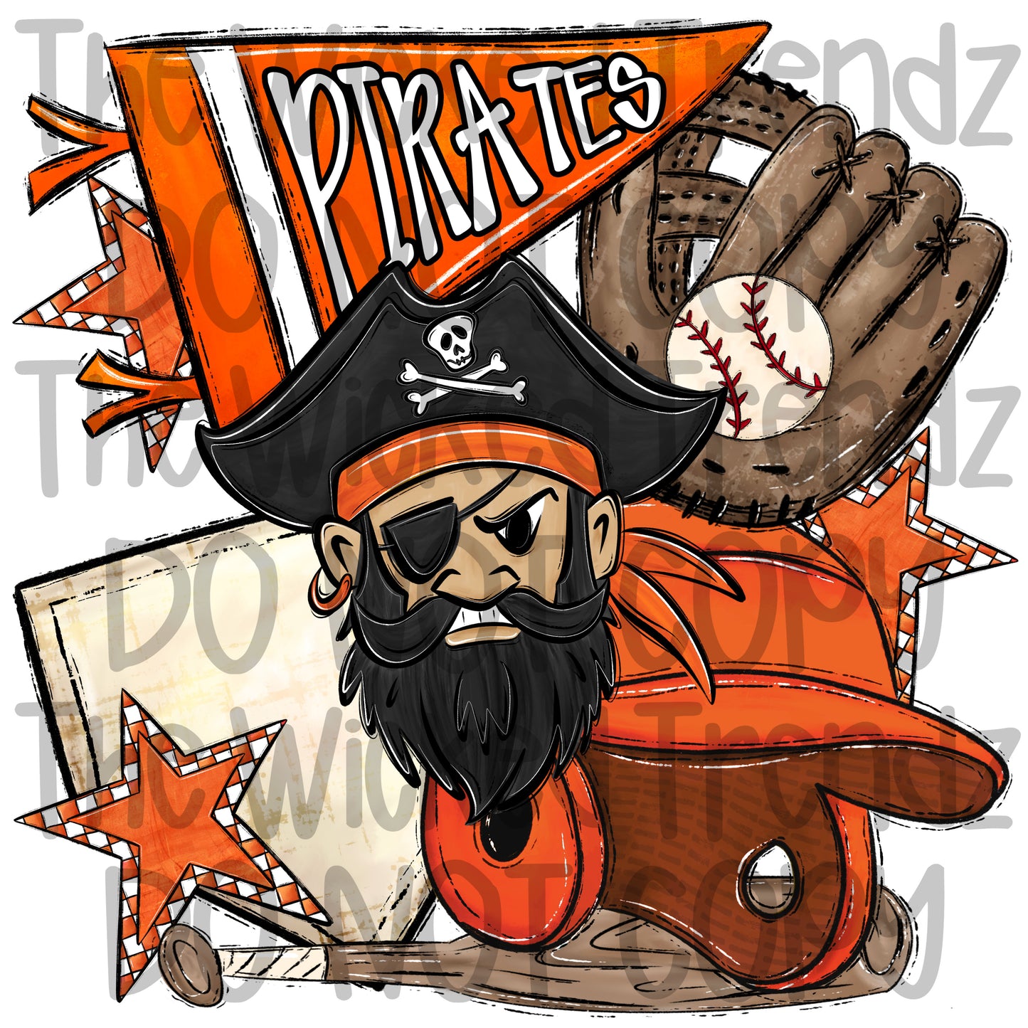 Pirates Orange Baseball Team Mascot Digital Design
