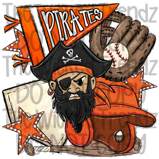 Pirates Orange Baseball Team Mascot Digital Design