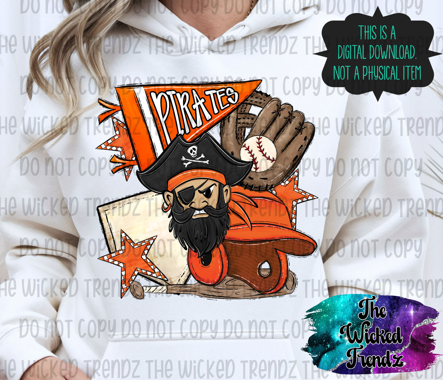 Pirates Orange Baseball Team Mascot Digital Design