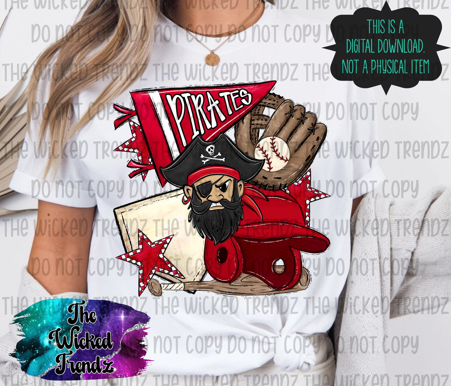 Pirates Red Baseball Team Mascot Digital Design