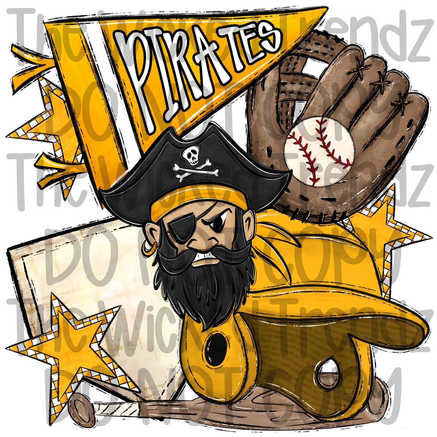 Pirates Yellow Baseball Team Mascot Digital Design
