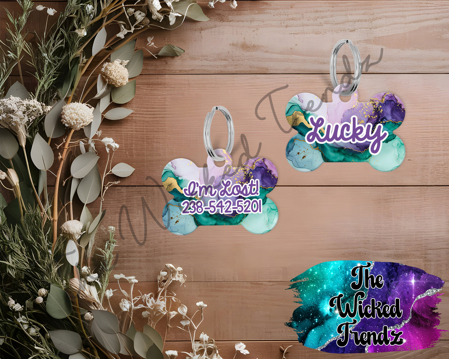 Marble Agate Geode Elegant Girl Dog Pet ID Dog Tag Personalized Custom Dog Name Phone Number
